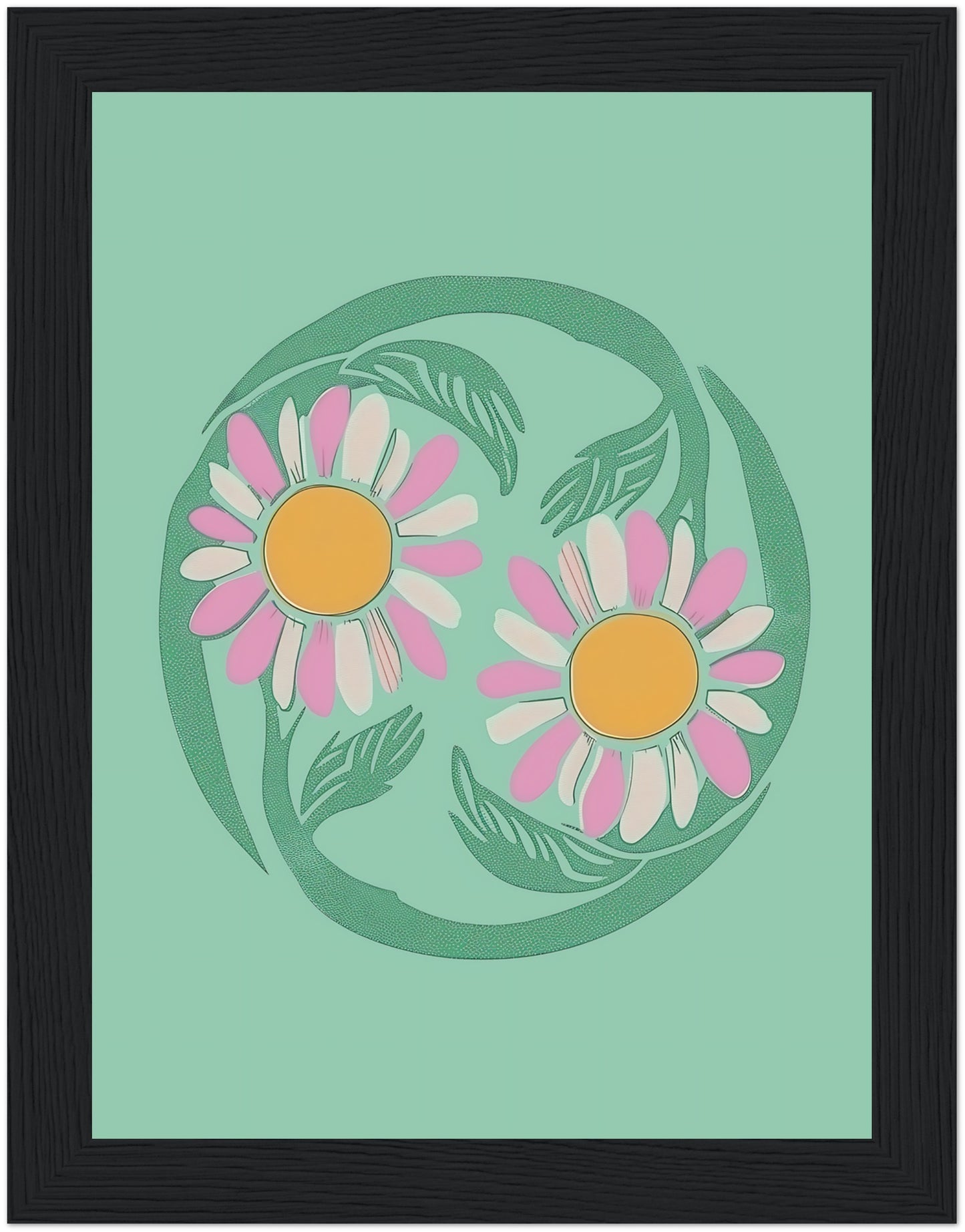 Stylized illustration of two daisies encircled by a green vine on a teal background with a brown frame.