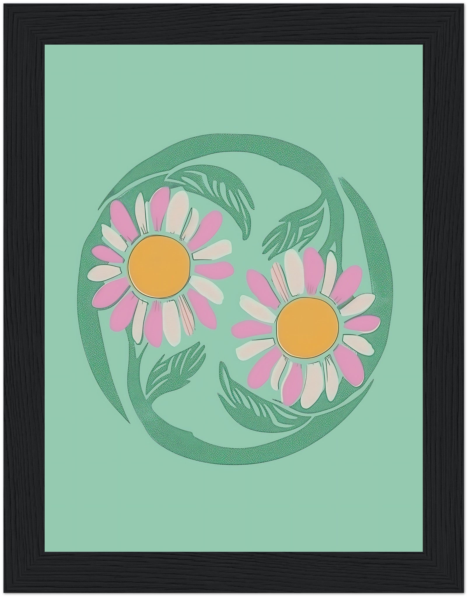 Stylized illustration of two daisies encircled by a green vine on a teal background with a brown frame.