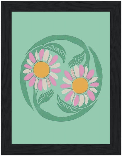 Stylized illustration of two daisies encircled by a green vine on a teal background with a brown frame.