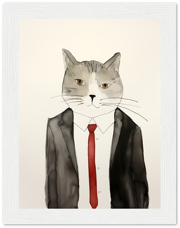 Illustration of a cat with a human body dressed in a suit and red tie.