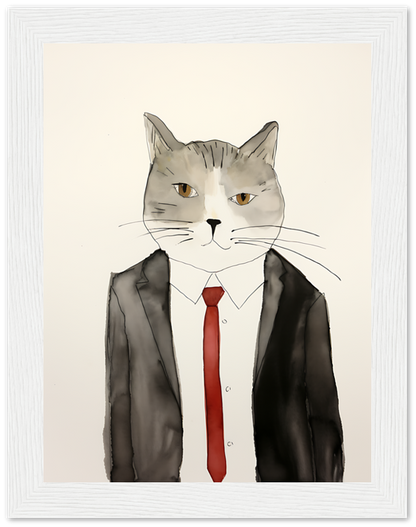 Illustration of a cat with a human body dressed in a suit and red tie.