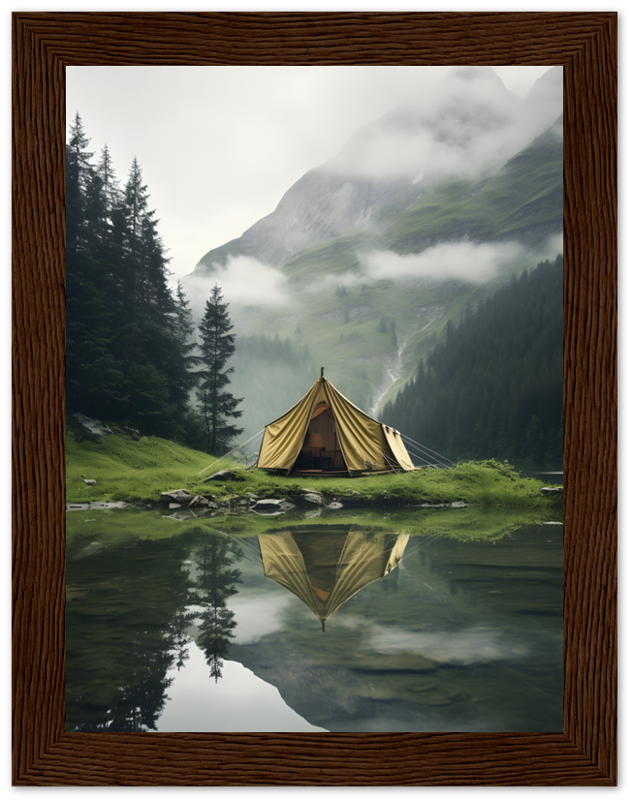 A serene campsite with a tent by a mountain lake, reflected in the water, framed by trees.