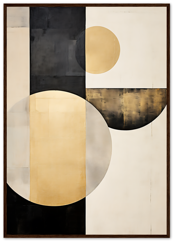 Abstract art with geometric shapes and circles in black, gold, and beige tones.