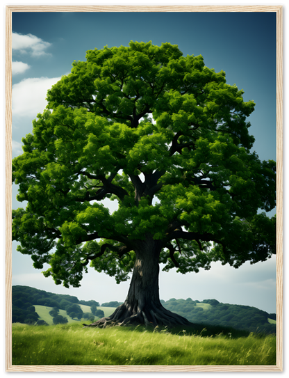 A framed image of a lush green tree with a sturdy trunk on a grassy hill.