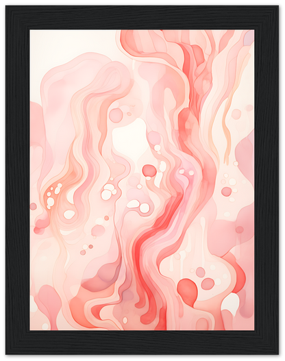 Abstract red and pink fluid art painting in a black frame.