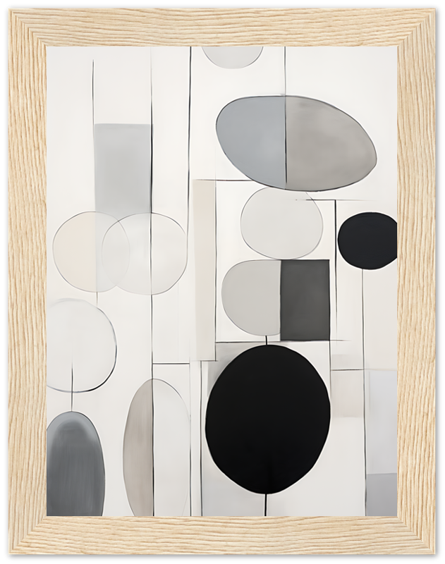 Modern abstract art with geometrical shapes and circles in a neutral palette, framed in wood.