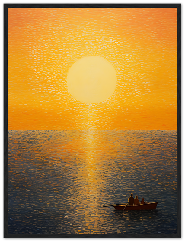 Sunset over water with two people in a boat, framed as a painting.