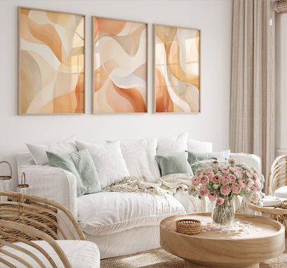 Modern living room with abstract wall art, white sofa, and a bouquet of flowers on the table.