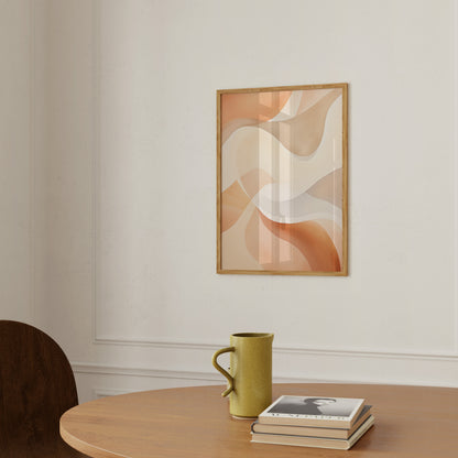Abstract artwork on wall above table with a mug and books.