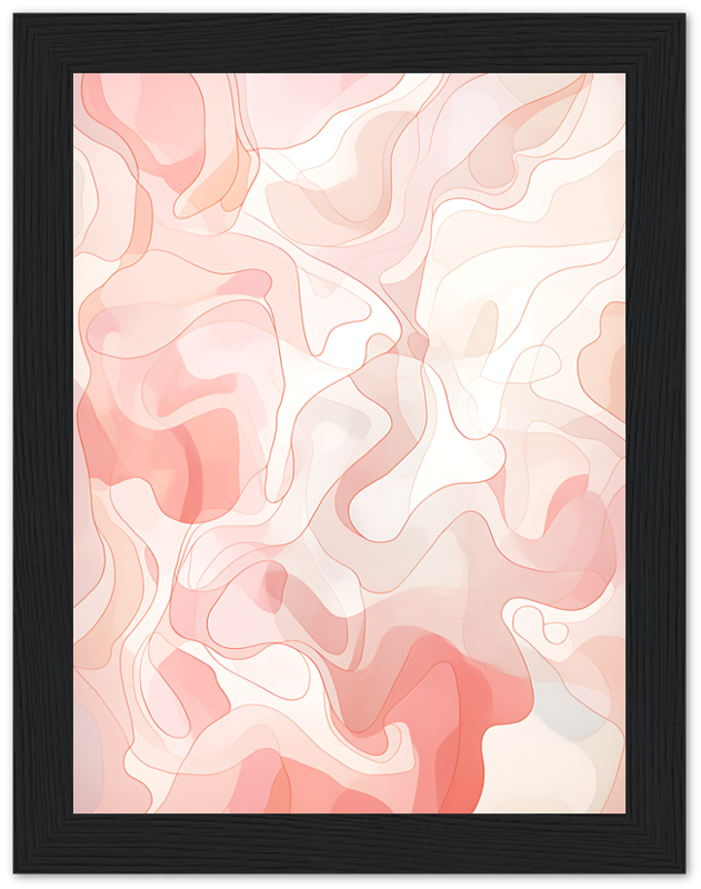 Abstract pink and white fluid art painting in a black frame.