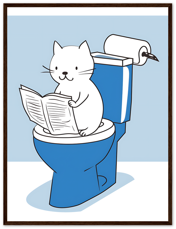 A cartoon of a cat reading a newspaper while sitting on a toilet, framed as a picture.