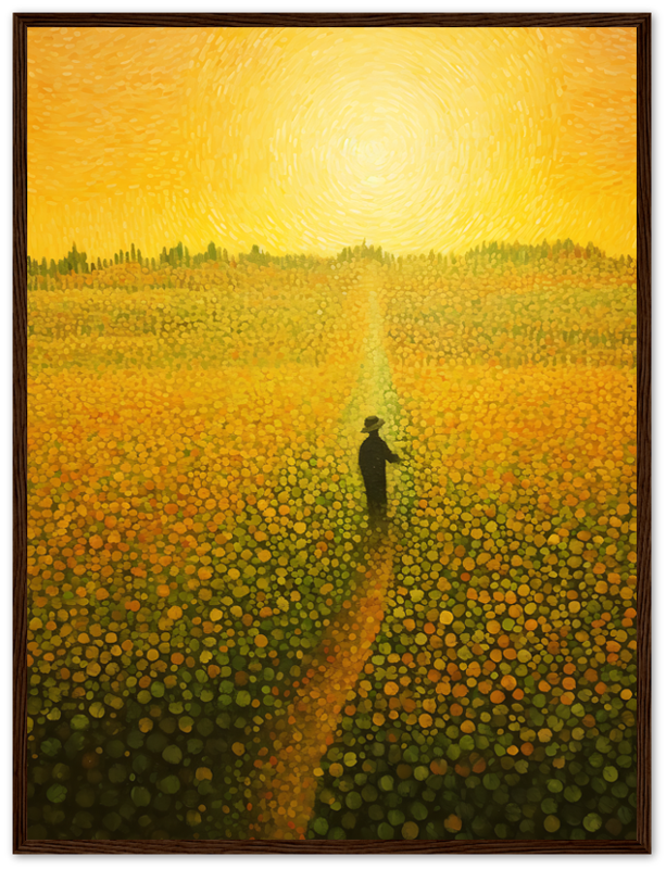 A painting of a person standing in a vibrant field of flowers with a swirling yellow sky.