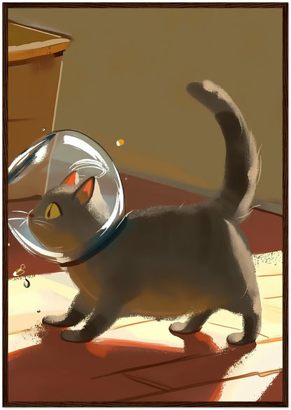 An illustrated gray cat with an orange eye and a fishbowl on its head casting a shadow on the floor.