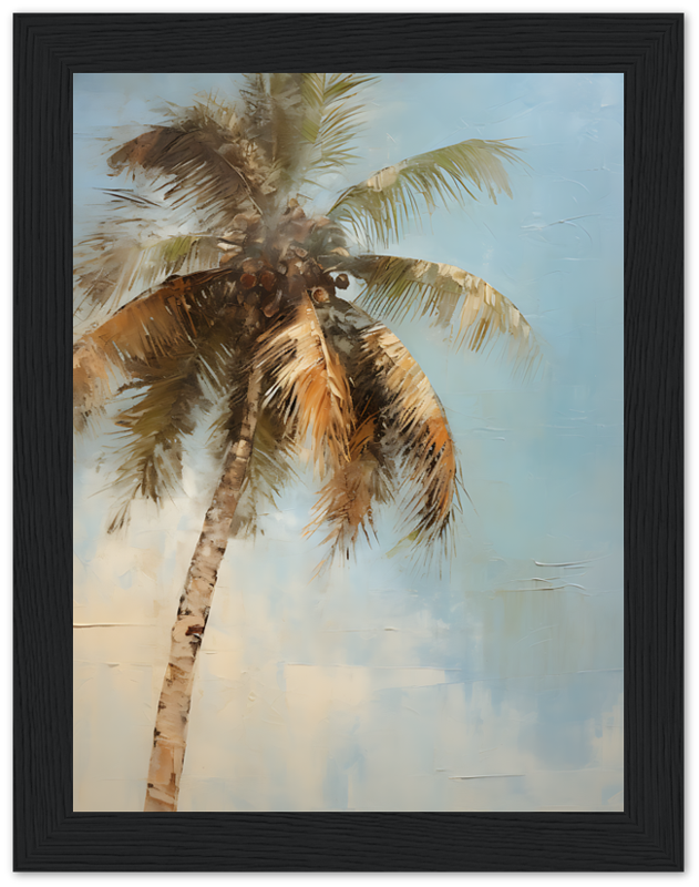 A framed painting of a single palm tree against a textured sky background.