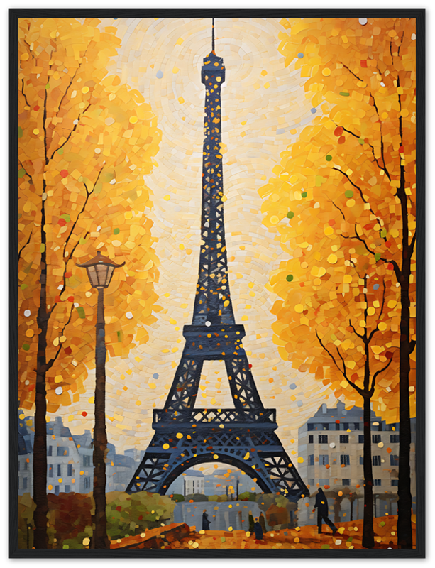 Impressionist painting of the Eiffel Tower with autumn trees.