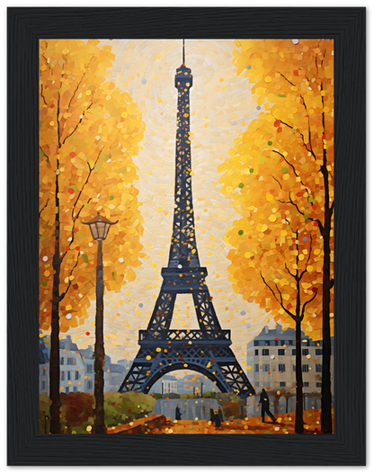 A colorful mosaic artwork of the Eiffel Tower amid autumn trees.