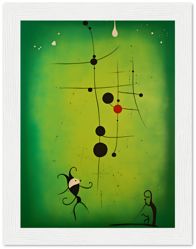 Abstract art with black figures and geometric shapes on a green background, in a white frame.