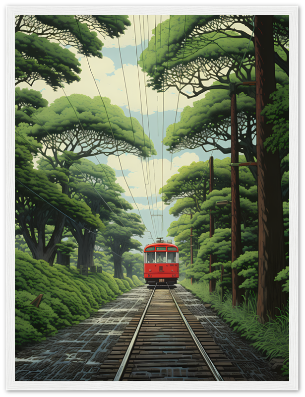 A framed illustration of a red tram on tracks amidst lush green trees.