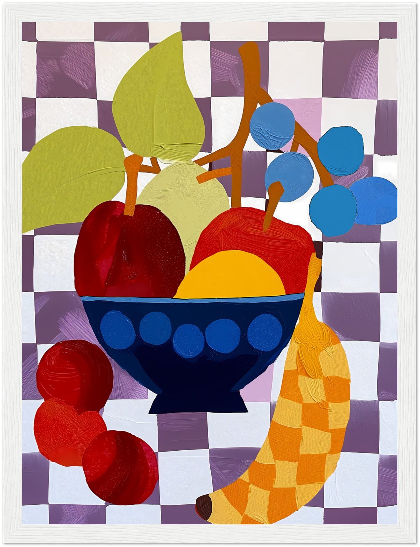 Abstract artwork of a fruit bowl with colorful, stylized shapes.