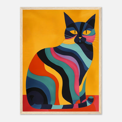 Colorful, abstract art of a striped cat against an orange background, in a wooden frame.