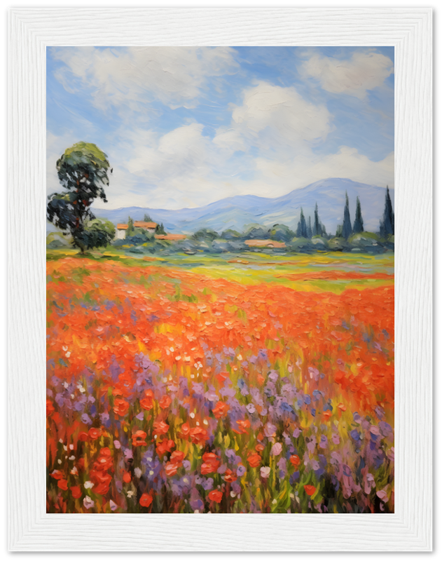 Impressionist painting of a vibrant field of flowers with trees and mountains in the distance.