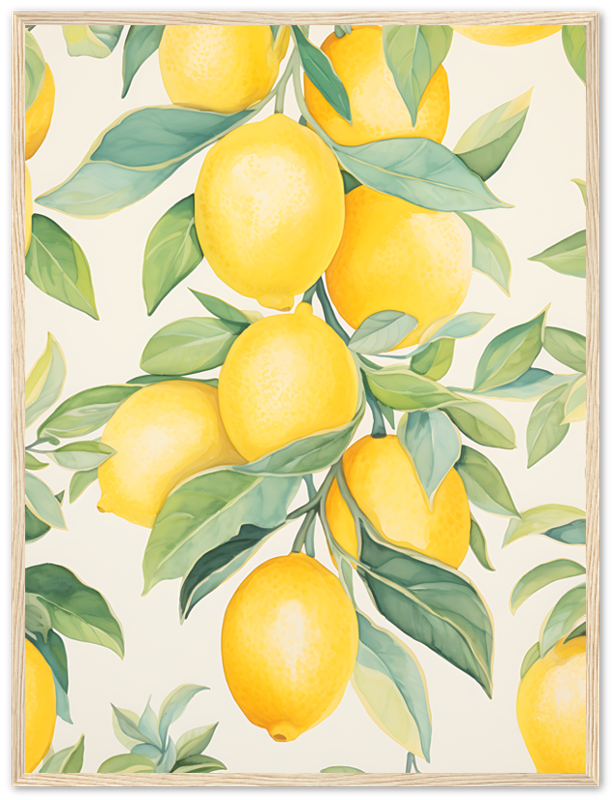 Illustration of a lemon tree branch with ripe lemons and green leaves.