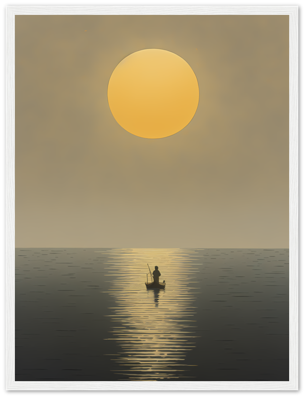 A framed picture of a lone fisherman on a calm sea at sunset.