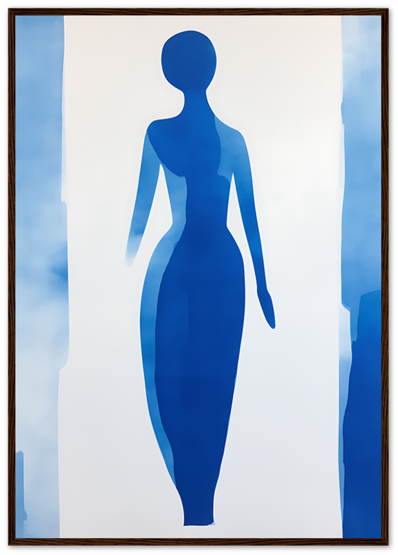 Abstract silhouette of a woman in blue tones against a white background with a frame.