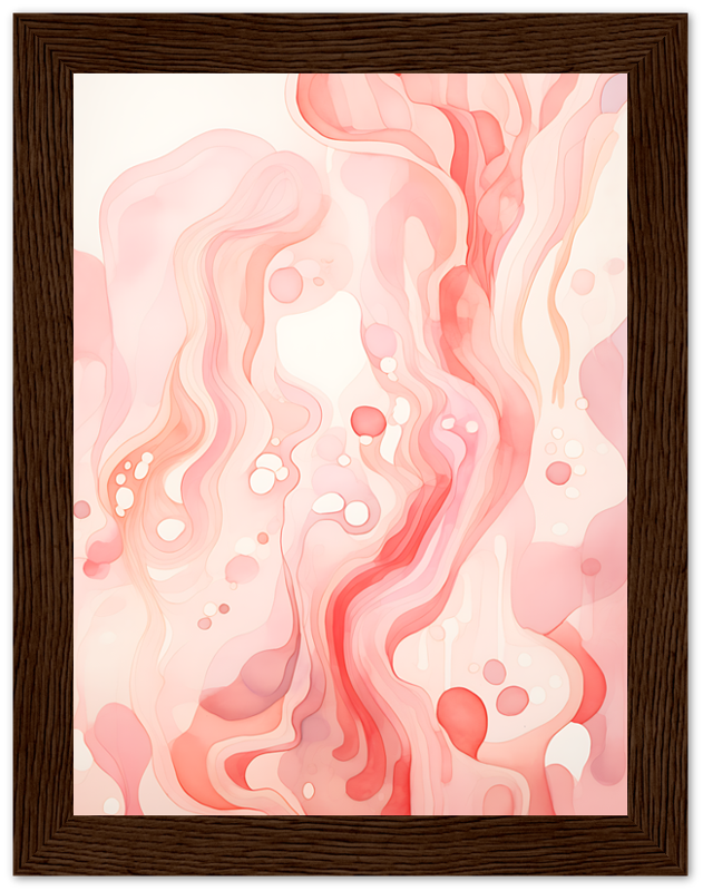 "Abstract red and pink fluid art painting with bubbles in a dark wooden frame."