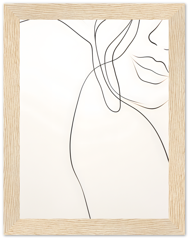 Minimalist line drawing of a woman's profile in a wooden frame.