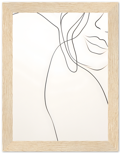 Minimalist line drawing of a woman's profile in a wooden frame.