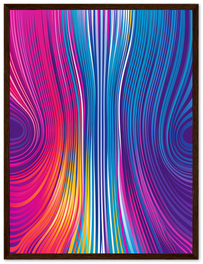 Abstract colorful swirls with blue and pink tones in a white frame.