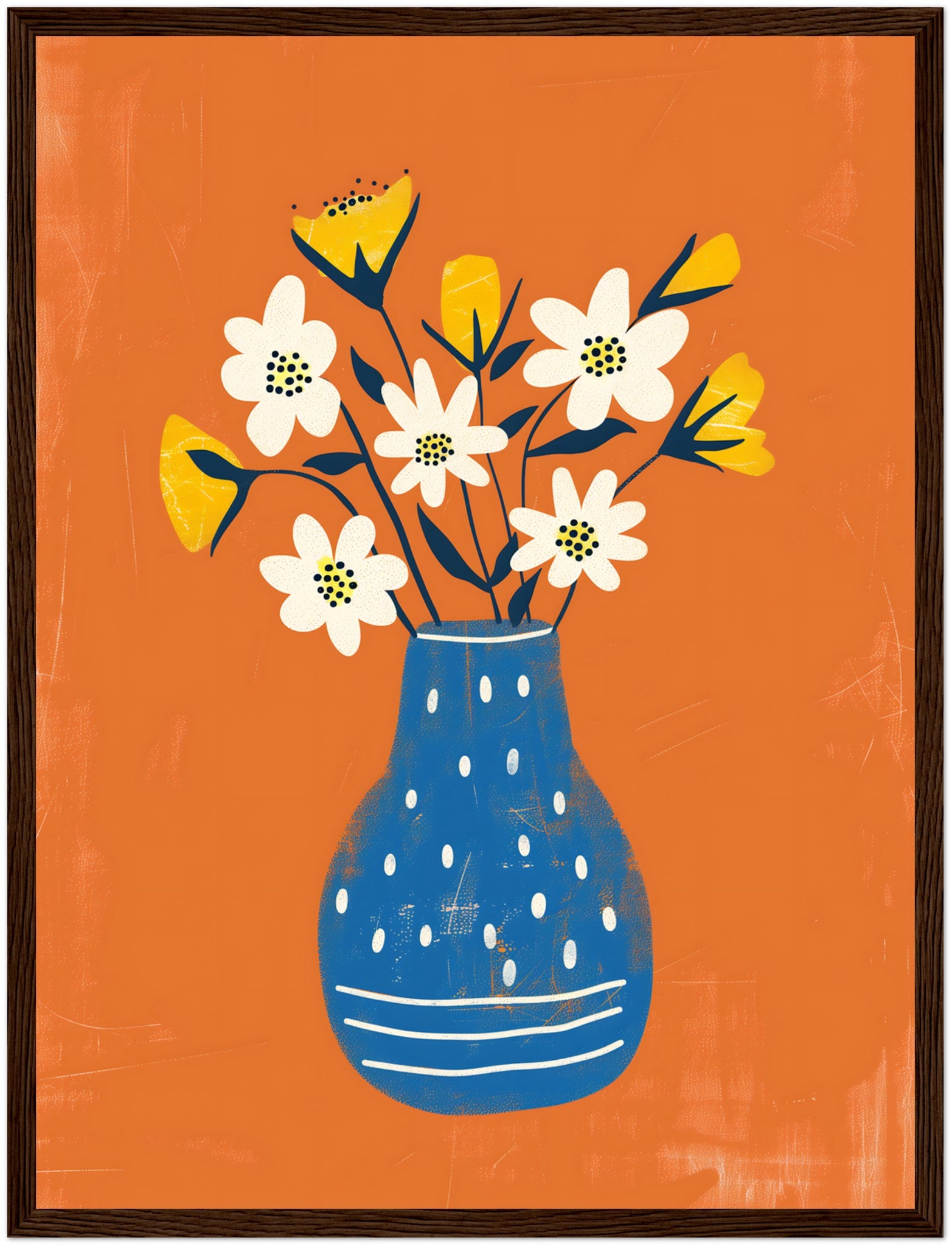 A vibrant illustration of white and yellow flowers in a blue dotted vase on an orange background, framed in brown.