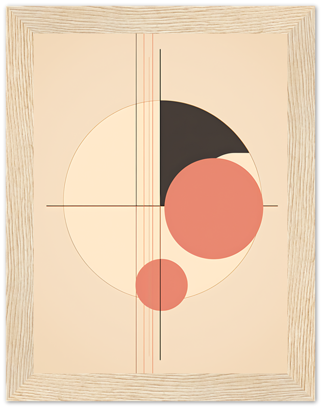 Abstract art with geometric shapes, including circles and lines, in a beige, black, and red color palette.