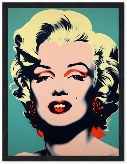 Pop art style portrait of a blonde woman in a wooden frame.