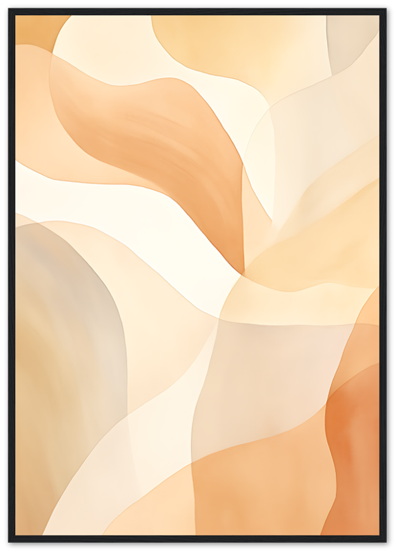 Abstract art with flowing orange and beige shapes on a framed canvas.