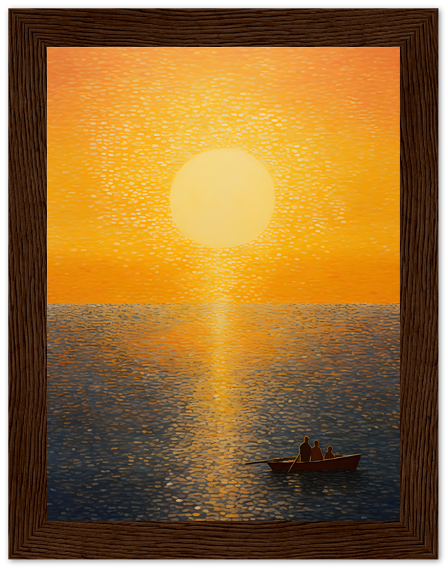 Sunset over water viewed through a window frame, with a silhouette of two people in a boat.