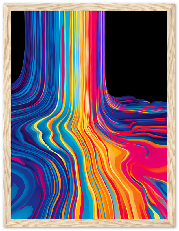 Colorful abstract wavy lines artwork in a white frame.