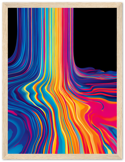 Colorful abstract wavy lines artwork in a white frame.