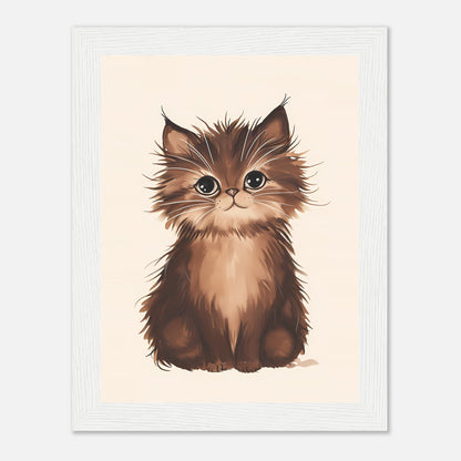 Illustration of an adorable fluffy brown kitten with big eyes, framed on a wall.