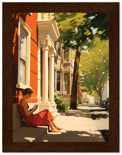 A painting of a woman reading on brownstone steps, surrounded by trees on a sunny day.