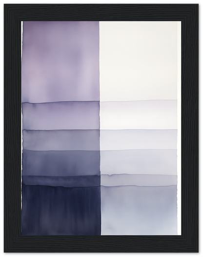 Abstract purple and white watercolor painting in a black frame.