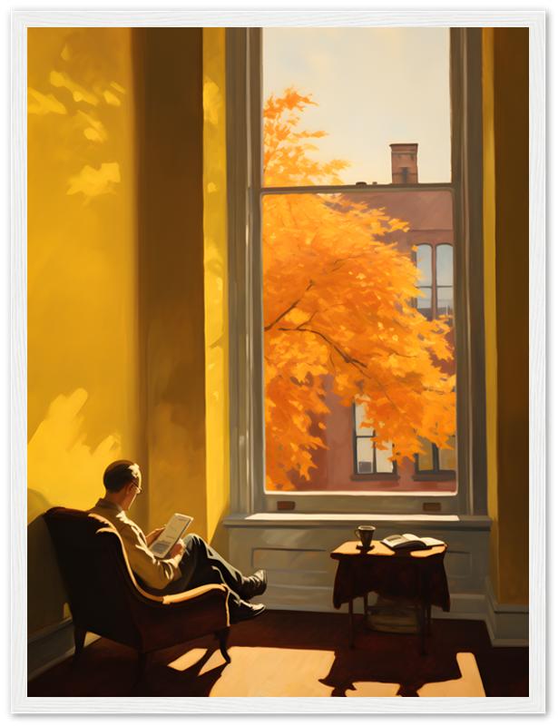 Person reading by a window with a view of orange autumn leaves.