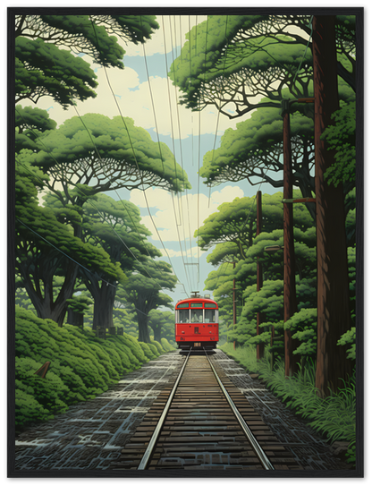 A framed digital illustration of a red tram on a tree-lined track.