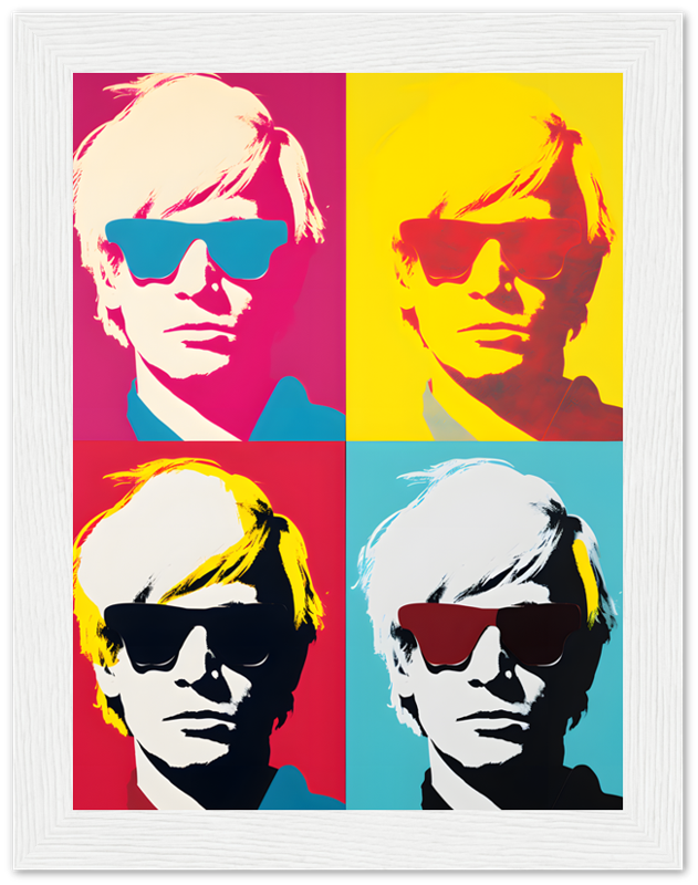 Pop art style portraits in four different colors, reminiscent of Andy Warhol's work.