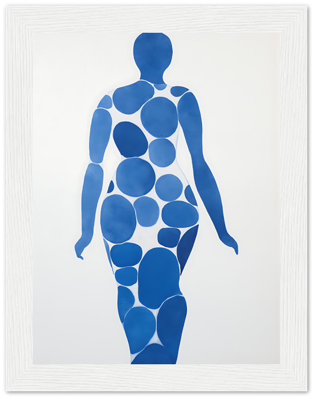 Abstract blue silhouette of a human with circle patterns on a white background, framed.