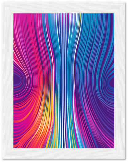 Abstract colorful swirls with blue and pink tones in a white frame.