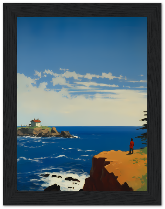 A framed digital painting of a seaside landscape with a figure overlooking the ocean.