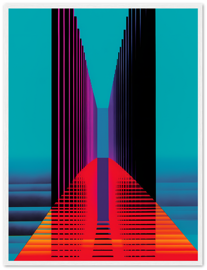 Colorful geometric abstract art with a central vanishing point and a white frame.
