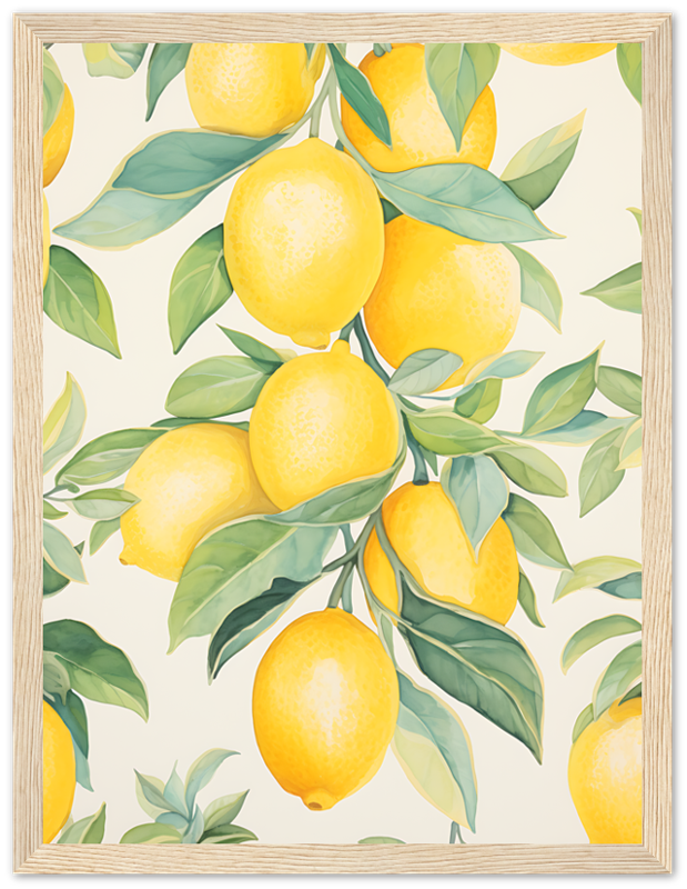 Illustration of ripe lemons on branches with green leaves in a decorative frame.